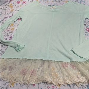 Others Follow brand mint top, cream lace hem. Tunic style. Size Medium.